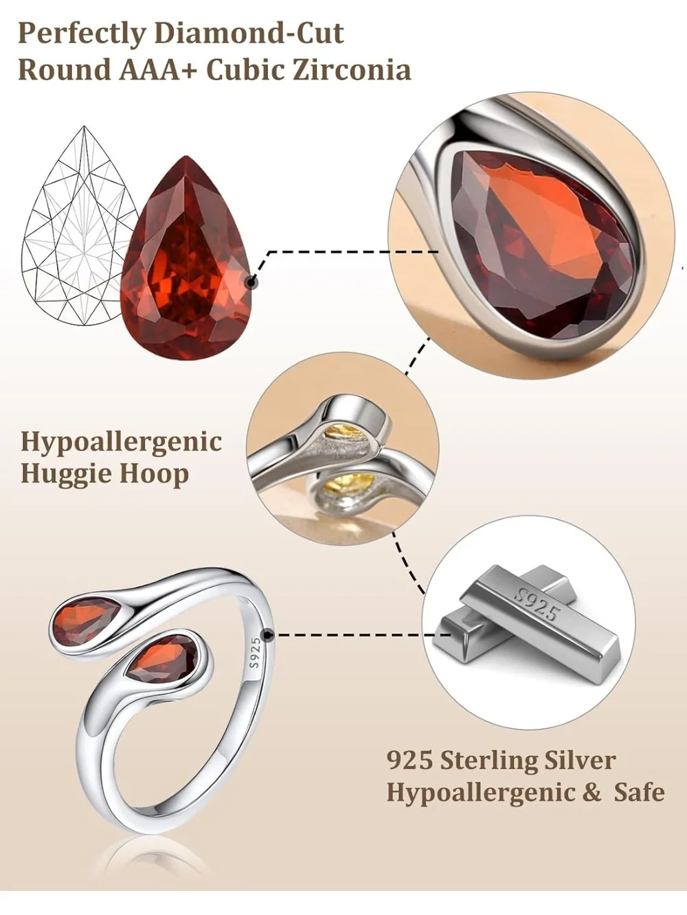 Sterling Silver Open Ring with Red Gemstone Accents